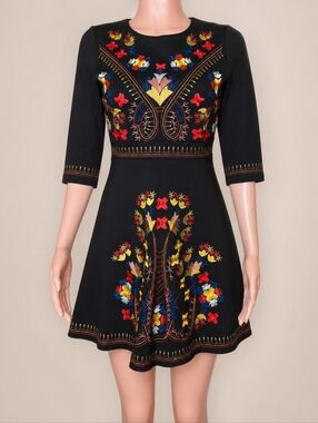 Lai Meng Five Cats Embroidered Fit & Flare Dress Small